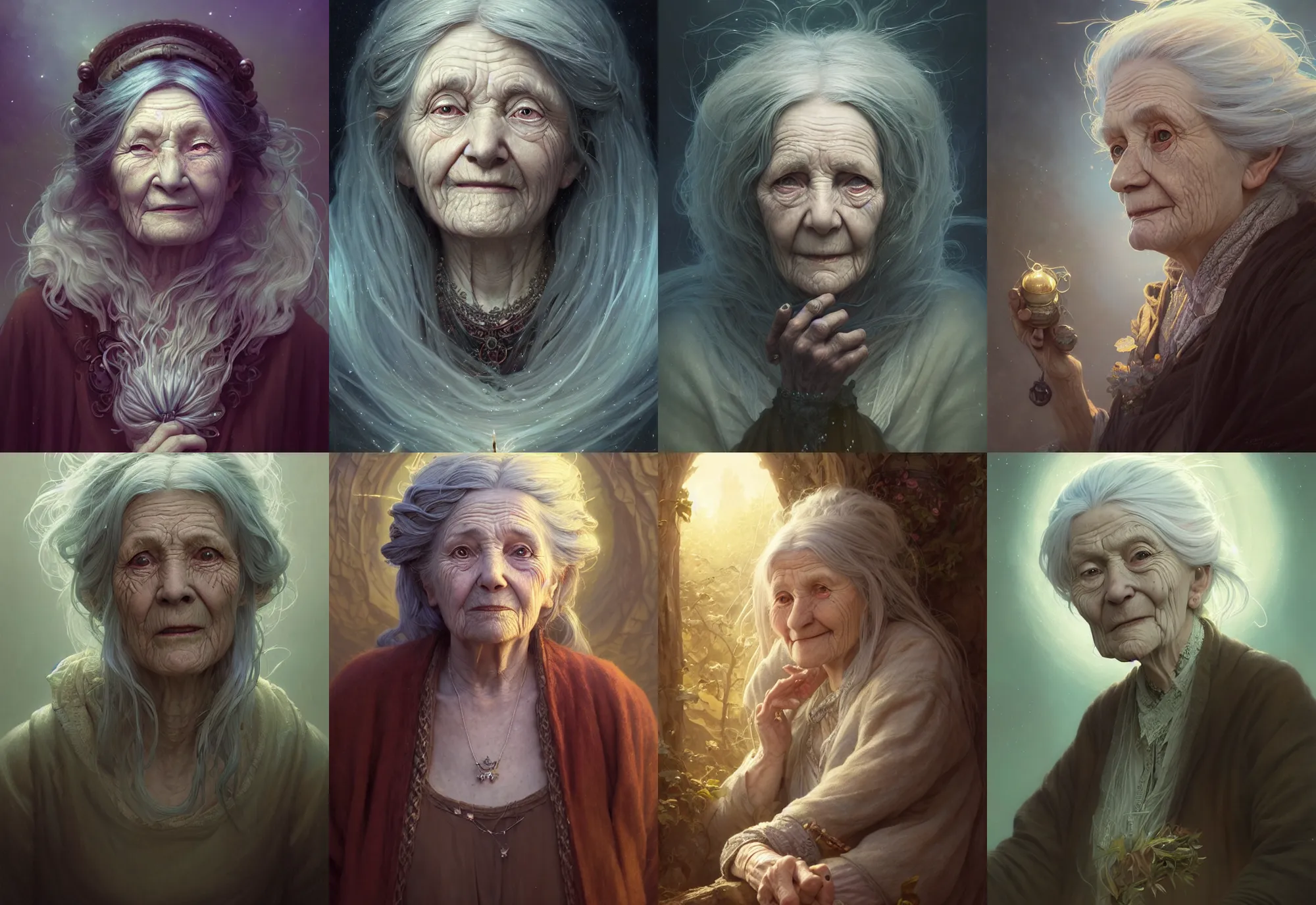 Image similar to highly detailed portrait of a very old woman with long hairs, stephen bliss, unreal engine, fantasy art by greg rutkowski, loish, rhads, ferdinand knab, makoto shinkai and lois van baarle, ilya kuvshinov, rossdraws, tom bagshaw, alphonse mucha, global illumination, radiant light, detailed and intricate environment