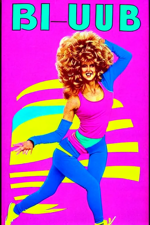 Image similar to 1980s big hair, brightly colored, zumba fitness art poster