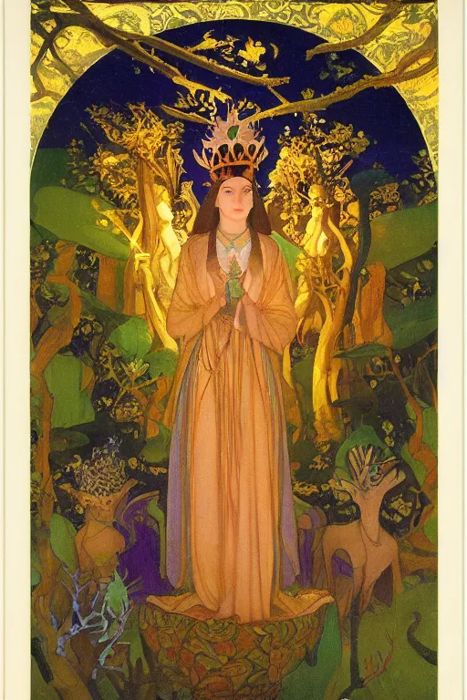 Prompt: queen of the forest with her crown and lantern, by Nicholas Roerich and Annie Swynnerton and Frederick Sandys, dramatic cinematic lighting , ornate headdress , flowing robes, sacred artifacts, lost civilizations, smooth, sharp focus, extremely detailed