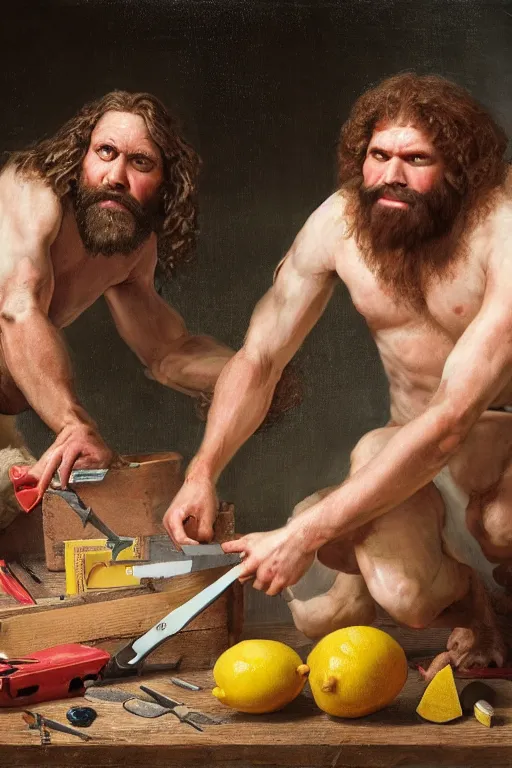 Image similar to a hyperrealistic portrait of two cavemen performing surgery on a crate of lemons with tools made of bubblegum , 8k