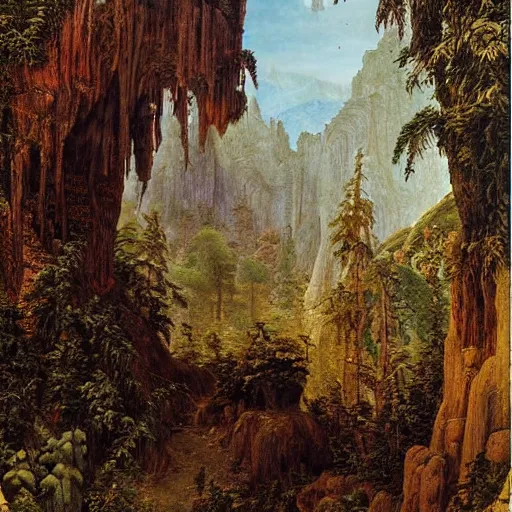 Prompt: A beautiful and highly detailed oil painting of beautiful lost temple in the mountains, detailed trees and cliffs, intricate details, by Caspar Friedrich