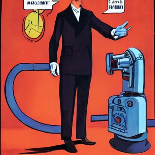 Image similar to man in futurist 6 0 ´ s lab, machines and futurist robots, red lights, leyendecker style, black suit