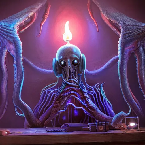 Image similar to ilithid mindflayer with headphones playing synthesizers, D&D, sigils, glowing candles, studio quality, intricate detail, unreal engine, hyperrealistic,