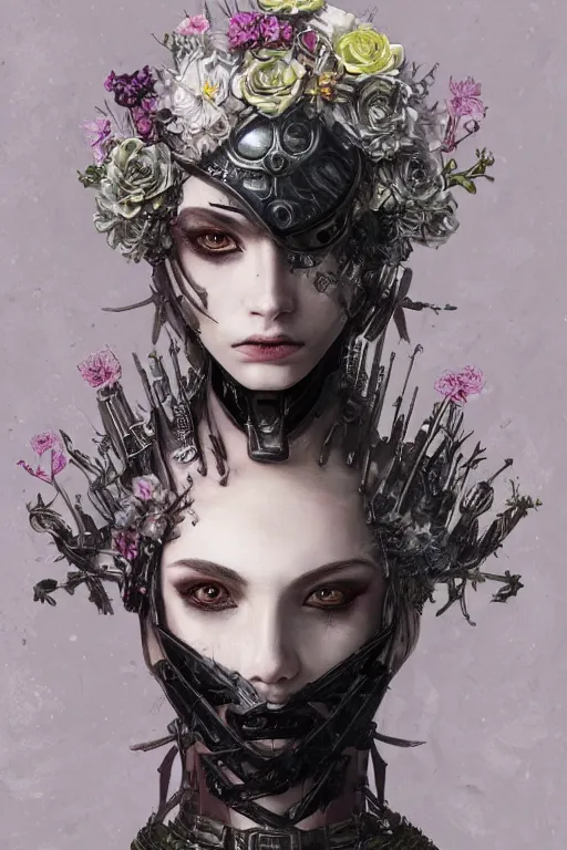 Image similar to portrait of beautiful young gothic man, cyberpunk armor, a lot of scars, more and more flowers, japanese style, warhammer, highly detailed, artstation, illustration, art by gustav klimt