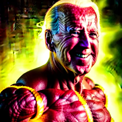 Prompt: uhd candid photo of cosmic joe biden as buu powering up, glowing, global illumination, studio lighting, radiant light, hyperdetailed, correct face, elaborate intricate costume. photo by annie leibowitz