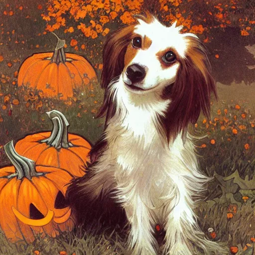 Prompt: a cute long haired jack russell puppy, white with brown spots and a brown patch over each eye, amidst piles of pumpkins. halloween autumn fall art. beautiful painting by alphonse mucha and artgerm and greg rutkowski