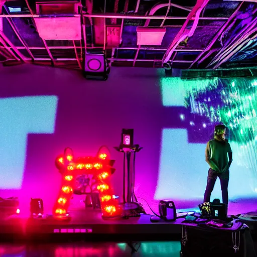 Image similar to live coding duo on a neon lit stage with code projected behind their back, rave scene, underground Berlin, press photography