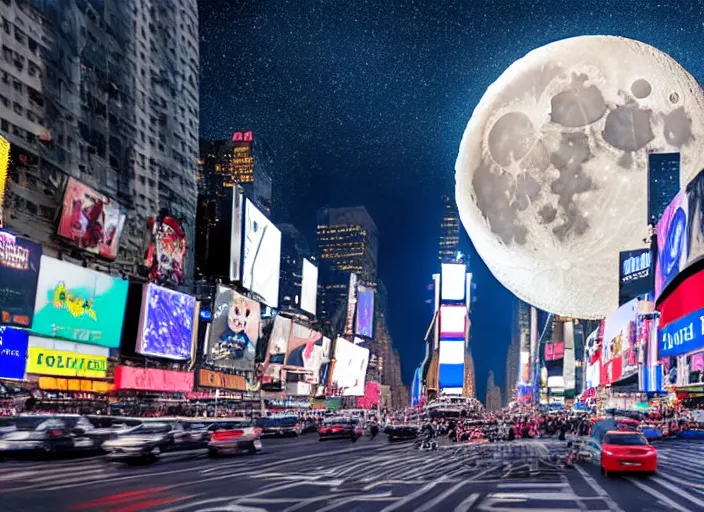 Image similar to film still of the moon shattering into pieces over time square in the new disaster movie, 8 k, night time