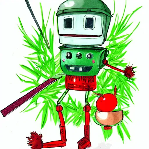 Image similar to cute robot made of plants wearing tomato hat and a chive sword, shoujo shuumatsu ryoku style