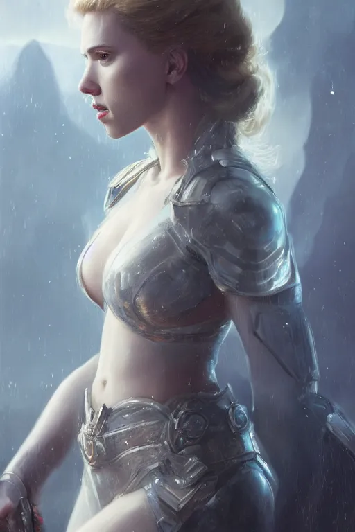 Image similar to a fancy portrait of Scarlett Johansson in crystaline armour by Greg Rutkowski, Sung Choi, Mitchell Mohrhauser, Maciej Kuciara, Johnson Ting, Maxim Verehin, Peter Konig, final fantasy , mythical, 8k photorealistic, cinematic lighting, HD, high details, atmospheric,