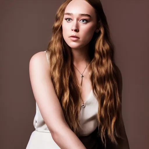 Prompt: alycia debnam carey standing while posing for a photo, award winning photography, hdr, studio lighting, dynamic pose, medium close shot, shot on canon eos r 5, f / 2. 5,