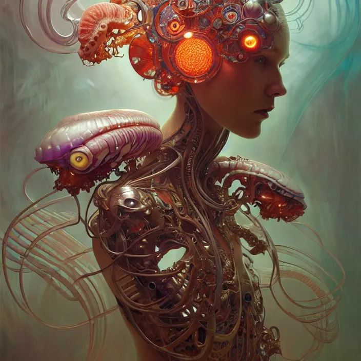 Image similar to organic cyborg, neon cuttle fish, diffuse lighting, fantasy, intricate, elegant, highly detailed, lifelike, photorealistic, digital painting, artstation, illustration, concept art, smooth, sharp focus, art by john collier and albert aublet and krenz cushart and artem demura and alphonse mucha