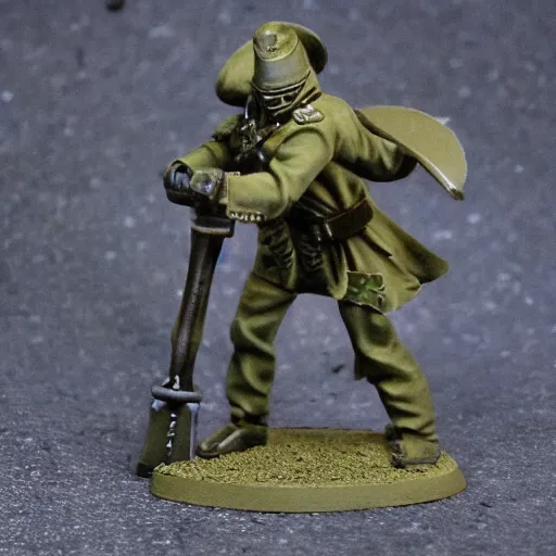 Image similar to an excited Death Korps of Kreig soldier wearing grey and wielding a shovel