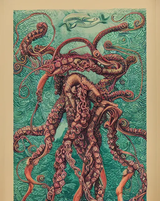 Prompt: delphic simian made of rhubarb tentacles and peachbrain wave, dolphin essence, divinely aquatic, insanely detailed and intricate, hypermaximalist, elegant, ornate, hyper realistic, super crowded, dense