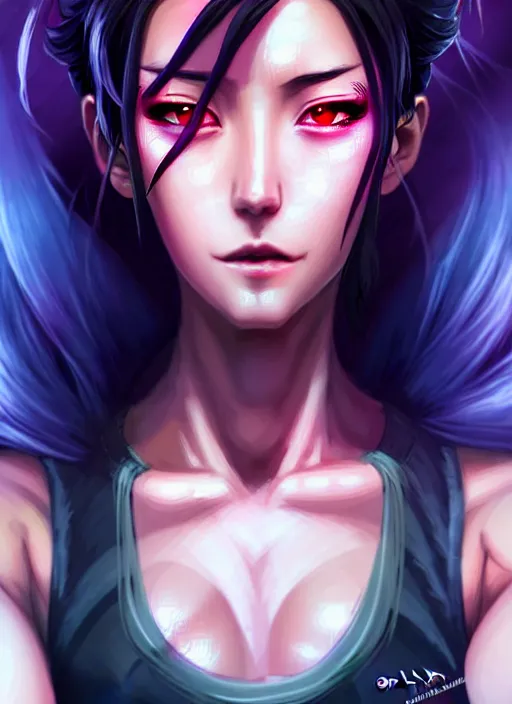 Prompt: a portrait of dilraba dilmurat as revy from black lagoon, smirk, black tank top, jean shorts, symmetrical eyes, symmetrical face, art by lois van baarle and loish and ross tran and rossdraws and sam yang and samdoesarts and artgerm, digital art, intricate, sharp focus, unreal engine 5