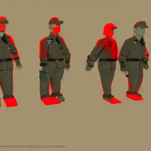 Prompt: ( ( beige ) ) uniform and caps zombie security officers ( glowing red skin ) trending on artstation very high detail