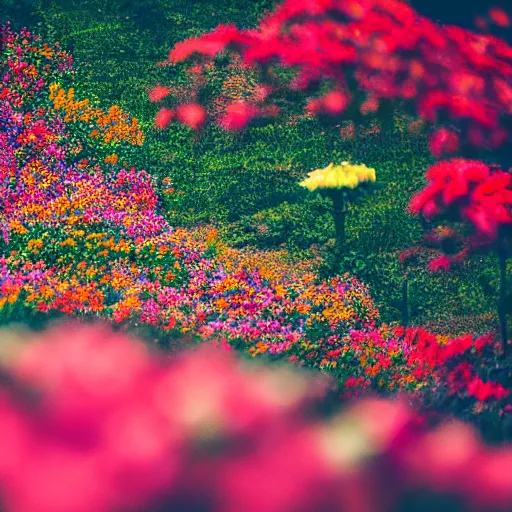 Image similar to In focus colorful flowers blossoming, climax, overwhelming, brilliant, surreal, cinematic, epic, 8k, sharp focus, color grain 35mm, tilt-shift, dslr