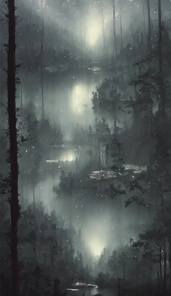 Prompt: Painting by Greg Rutkowski, at night a river flows from the sky in the forest and a constellation in the night sky