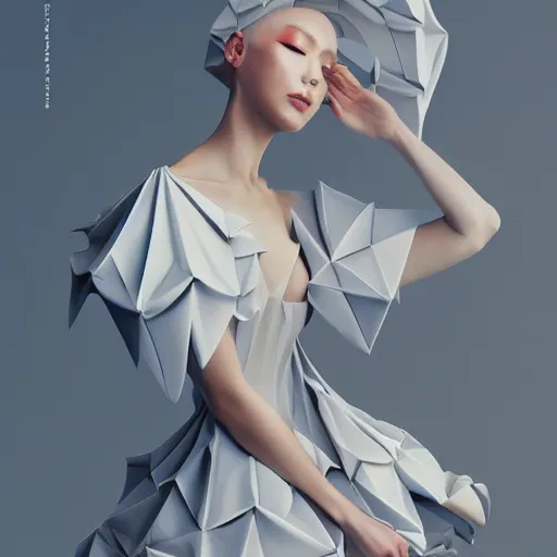 Image similar to 3 / 4 view of a beautiful girl wearing an origami dress, eye - level medium shot, elegant, by eiko ishioka, givenchy, by peter mohrbacher, centered, fresh colors, dance, origami, fashion, detailed illustration, vogue, high depth of field, japanese, reallusion character creator