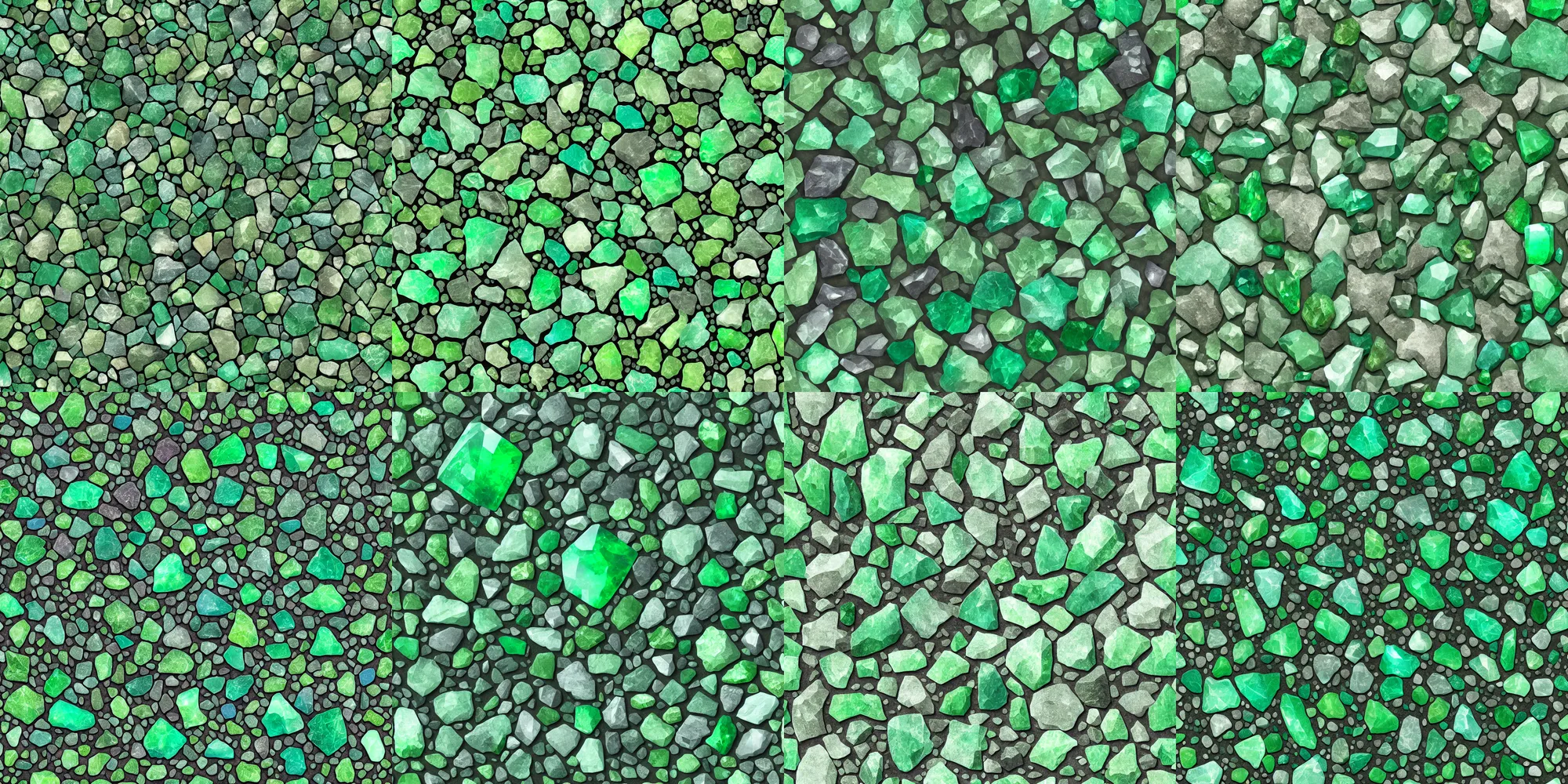 Prompt: green gemstone crystals and glass stones, detailed ground terrain texture, 2 d texture, seamless