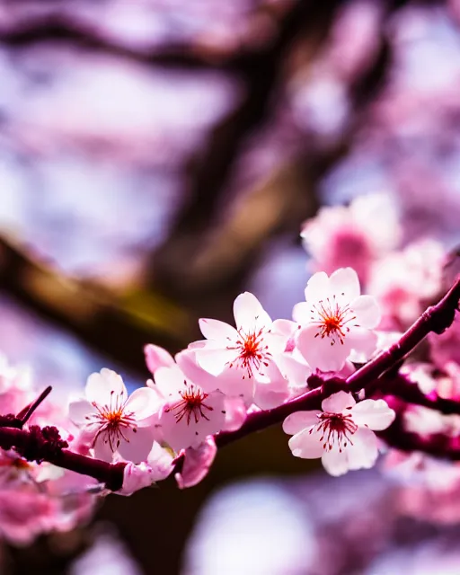 Prompt: high quality macro photo of cherry blossoms melting! goo! robert steven connett twilight 8k high angle shallow depth of field