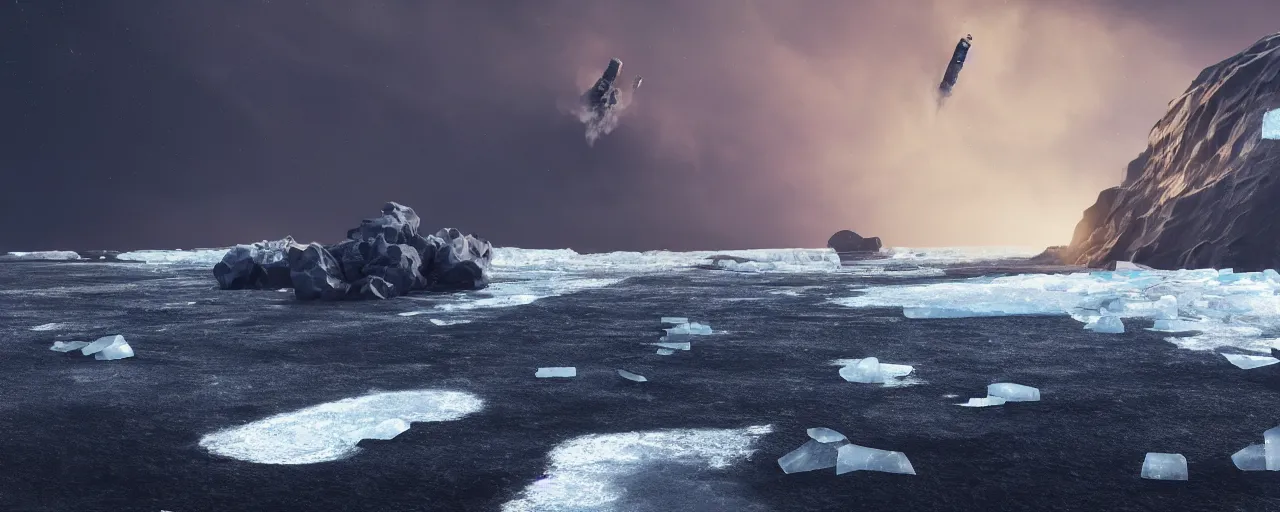 Image similar to matte painting of military spacecraft crashing into a black sand beach with icebergs in the distance, trending on artstation, octane render, hd, 8 k