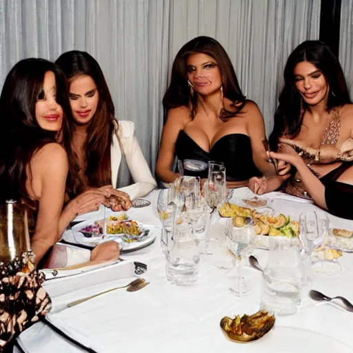 Image similar to candid group photo of sofia vergara, and salma hayek, and penelope cruz, and catherine zeta jones, and eva mendes, sitting around a long table at a dinner, laughing