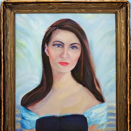 Image similar to a beautiful oil painting of a 35mm film photo of an atractive cool alternative bosnian woman in her early 20s. beautiful face. She has dark brown hair, dark thick eyebrows, brown eyes and shoulder long hair.