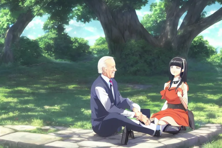 Image similar to photorealistic Joe Biden meets a beautiful smiling anime girl with black hair and hime cut sitting under a tree, anime key visual, digital art, anime screenshot, kyoto animation, makoto shinkai, trending on artstation