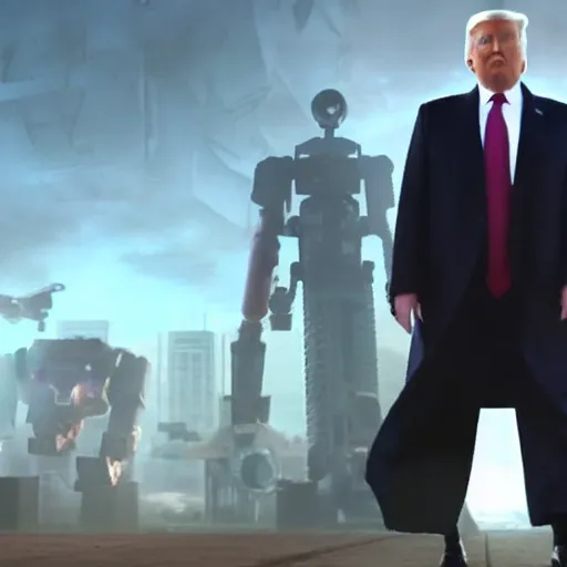 Image similar to donald trump as a giant mech walking through a dystopian city. very long red necktie. ultra realistic. high definition. wide shot. full body.