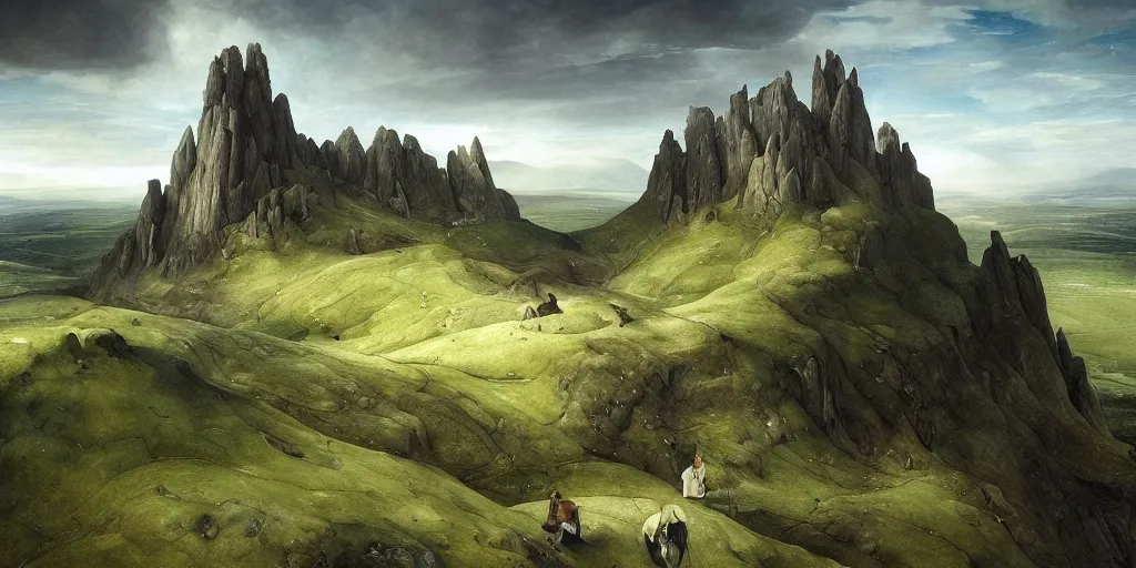 Image similar to Beautiful landscape of Aberdeenshire and Bennachie in the centre, physically accurate, dramatic dynamic lighting, intricate, elegant, highly detailed, digital painting, artstation, very hyperrealistic, Hieronymus Bosch, Tomas Sanchez, Renaissance, concept art, smooth, sharp focus, illustration, art by artgerm and greg rutkowski and alphonse mucha