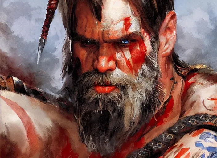 Image similar to a highly detailed beautiful portrait of jim carrey as kratos, by gregory manchess, james gurney, james jean