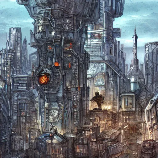 Prompt: storybook illustration of a dystopian futuristic cityscape by john blanche, michael kirkbride, watercolour, ink outlines, concept art, intricate detail, trending on artstation