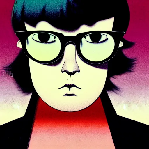 Prompt: a representative chubby young goth boy asymmetrical ombre hair wearing oversized euro glasses and a leather jacket. anaglyph lighting, detailed character design, melancholic flat vector geometric minimalism by oskar schlemmer, moebius, nagel, john berkey, oil on canvas, portrait facial head, featured on artstation, hd wallpaper, anime art nouveau