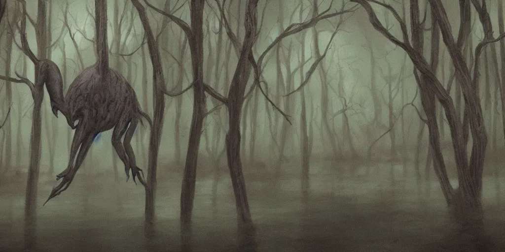 Image similar to painting of a strange creature in a murky swamp, muted colors, creepy