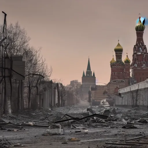 Image similar to A photo of post-apocalyptic Kremlin after the nuclear explosion in Moscow, 4k