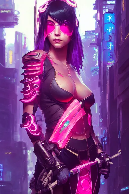 Image similar to fiora from league of legends, cyberpunk futuristic neon. decorated with traditional japanese ornaments by ismail inceoglu dragan bibin hans thoma greg rutkowski alexandros pyromallis nekro rene maritte illustrated, perfect face, fine details, realistic shaded, fine - face, pretty face, masterpiece