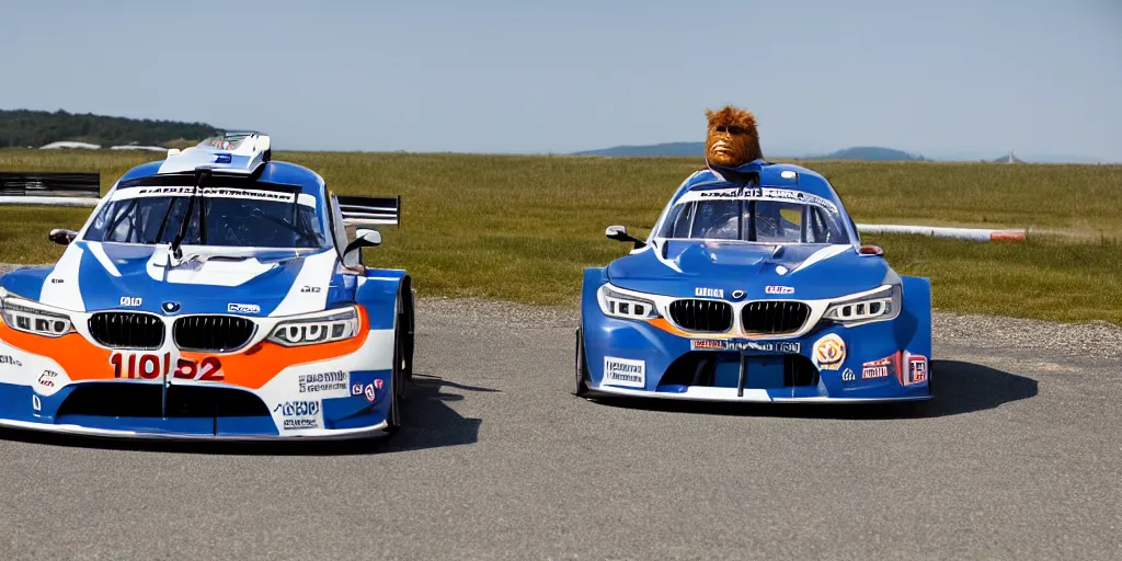 Image similar to sasquatch hanging out the window of a bmw race car