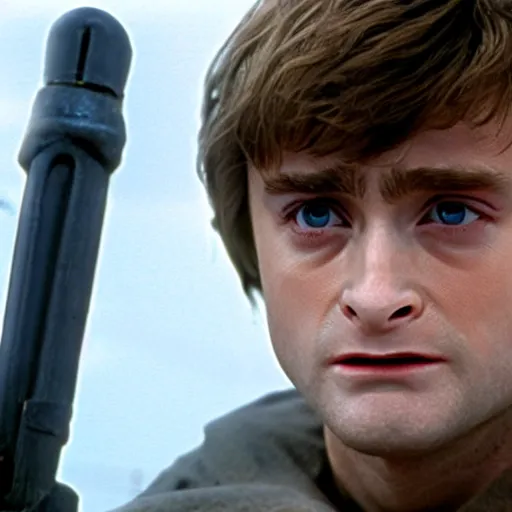 Prompt: film still of Daniel Radcliffe as Luke Skywalker in Star Wars 1977