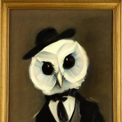 Prompt: painting of evil owl wearing a suit, John Singer Sargent style
