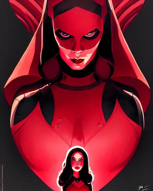 Image similar to rafael albuquerque comic art, peter mohrbacher, phil noto, artgerm, pretty evil elizabeth olson scarlet witch marvel, black and red dress, symmetrical eyes