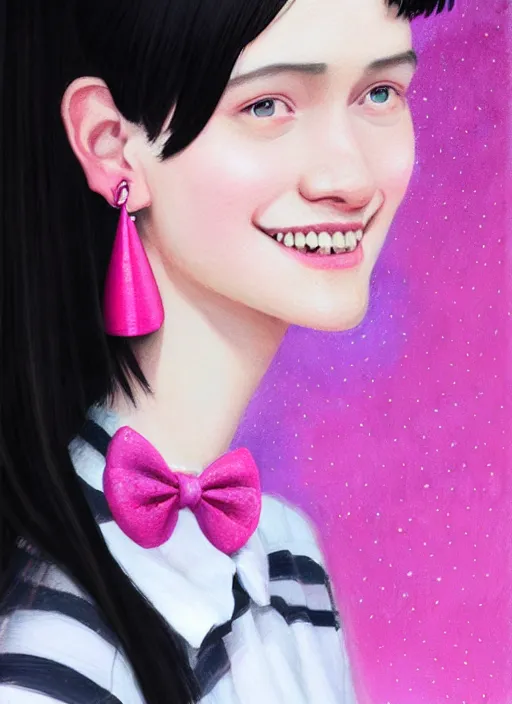 Image similar to portrait of high school girl, realistic, black hair, bangs, half updo hairstyle, pointy nose, skinny, smile, ugly, defined jawline, big chin, pink hair bow, earrings, intricate, elegant, glowing lights, highly detailed, digital painting, artstation, sharp focus, illustration, art by wlop, mars ravelo and greg rutkowski