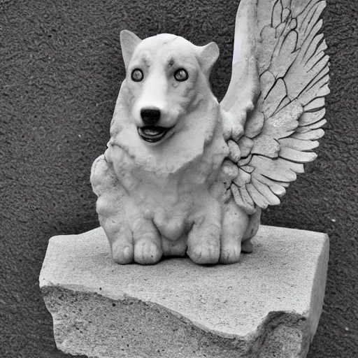 Image similar to corgi gargoyle with wings made of stone, uncropped, photography