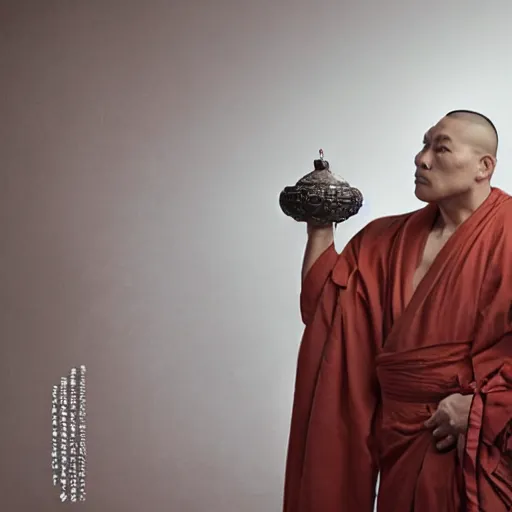 Prompt: bodybuilder turtle wearing a monk robes holding incense burner. natural lighting by ruan jia, portrait