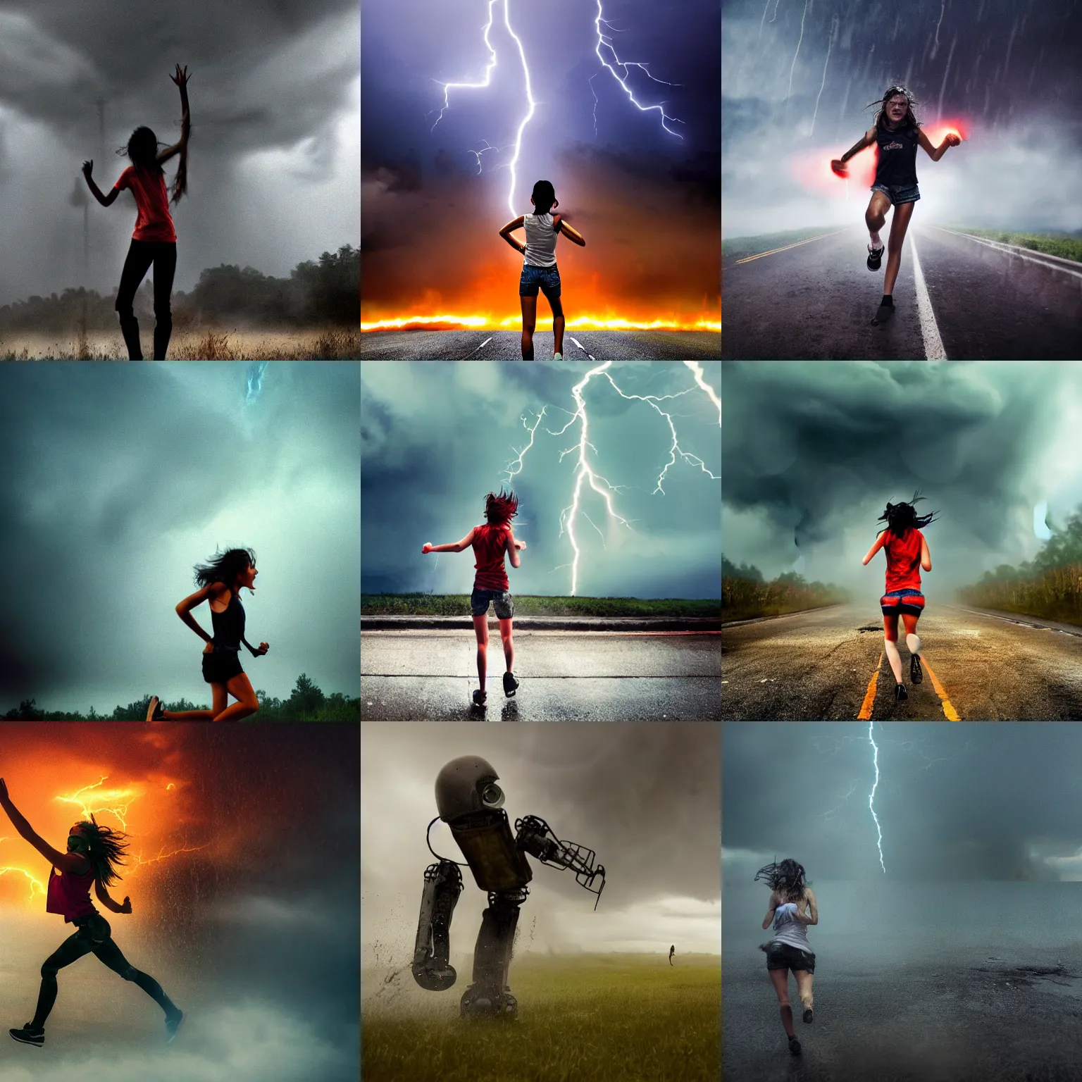 Prompt: apocalyptic photograph of a screaming teenage girl facing toward the camera in torn t - shirt and shorts, running in fear, wet skin, towering robot blurry in the background, atmospheric, rain and smoke and lightning, bold color, dramatic movie still