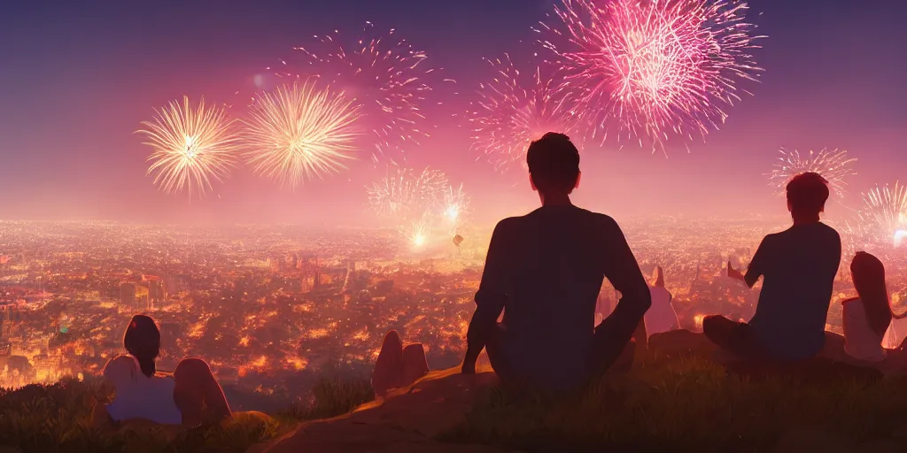 Image similar to people sitting on a hill watching fireworks over los angeles, artstation, vivid colors, unreal engine 5, 8 k, art by rossdraws and alphonse mucha