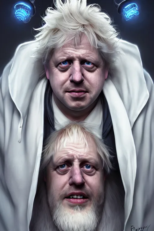 Image similar to Boris Johnson as Rick Sanchez, unibrow, white robe, big eyes, 3d octane render, symmetrical, highly detailed, digital painting, artstation, concept art, smooth, sharp focus, illustration, cinematic lighting, art by artgerm and greg rutkowski and alphonse mucha