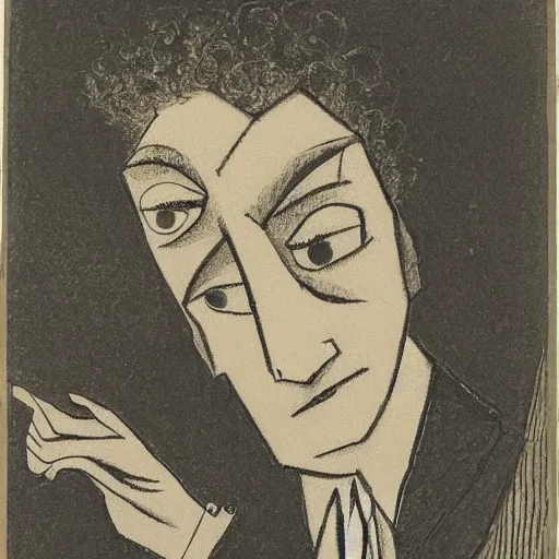 Image similar to A beautiful print of a self-portrait of the artist. He is shown with his head turned to the left, looking at the viewer. His hair is wild and his eyes are wide open. His right hand is raised, as if he is pointing at something. by Lyonel Feininger flowing