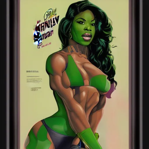 Prompt: Actress Gabrielle Union as She-Hulk, intricate, poster framed, pinup style, highly detailed, artstation, illustration, Gene Espy, Peter Temple, George Sportelli, Mitch Foust, Mike Hoffman, Garrett Blair, Mark Brown, Alex Miranda, Michael Bair, Eric Parker, Gene Espy, Mitch Foust, Peter Temple, Eric Parker, David Miller, Alex Miranda, Jay Fife, Brendon Fraim, David Bancroft, Al Rio, Mark Brown, Brian Fraim , Joe Rubinstein, Josh Templeton, Quinton Hoover, Eric Parker, Jim Sandersv Kevin Conrad, Michael Bair, Bob Layton