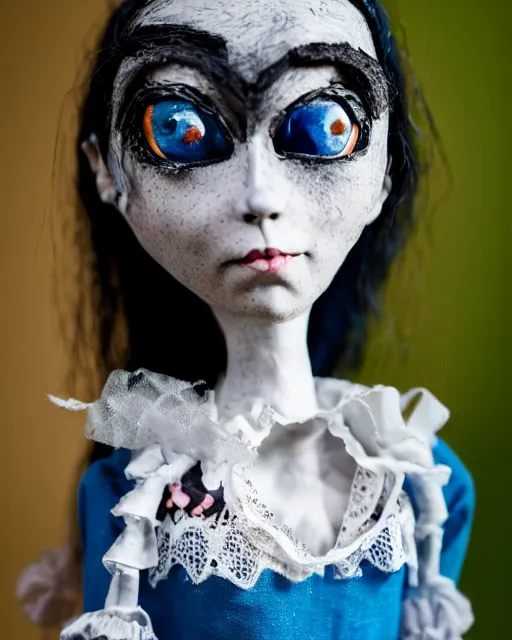 Prompt: a creepy paper mache doll of a coraline, realistic, very detailed, complex, intricate, studio lighting, bokeh, sigma 5 0 mm f 1. 4